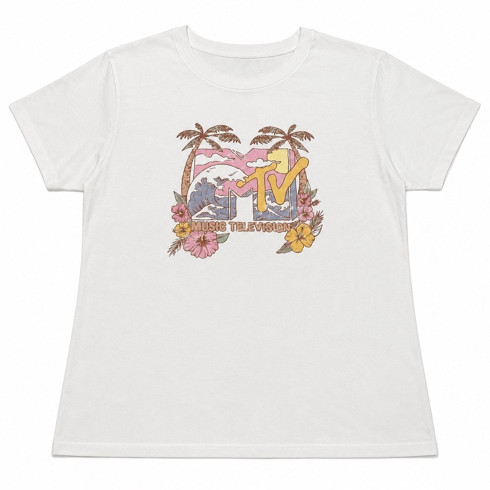 MTV Tropical Surf Logo Graphic T-Shirt White Hibiscus Palm Tree XL